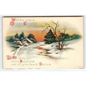 Vintage Christmas Postcard Snowy Cottage Winter Scene WOLF & CO N.Y.